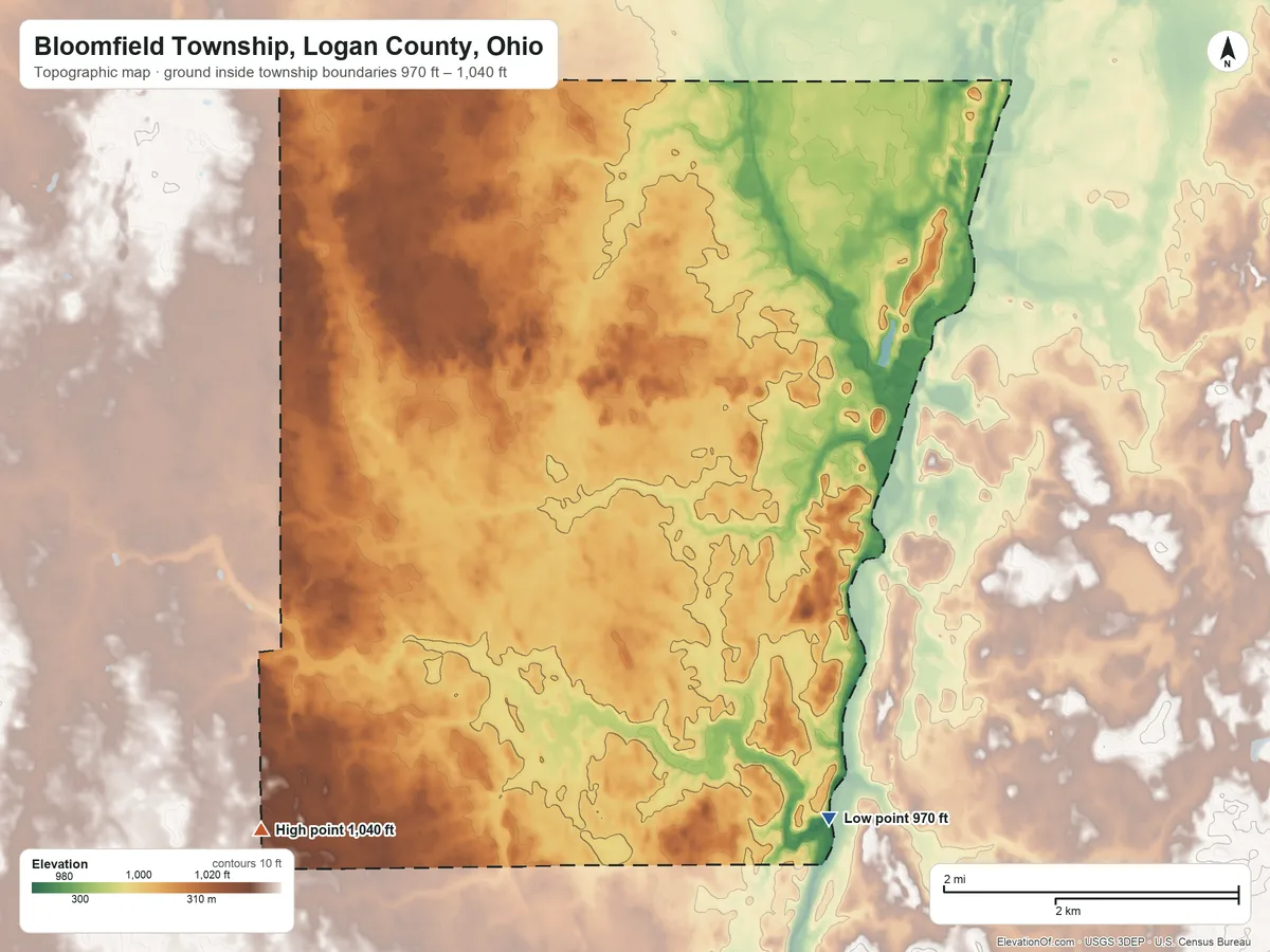 Topographic elevation map of Bloomfield Township, Logan County, Ohio, shaded from 970 ft on the southeast side to 1,040 ft on the southwest side