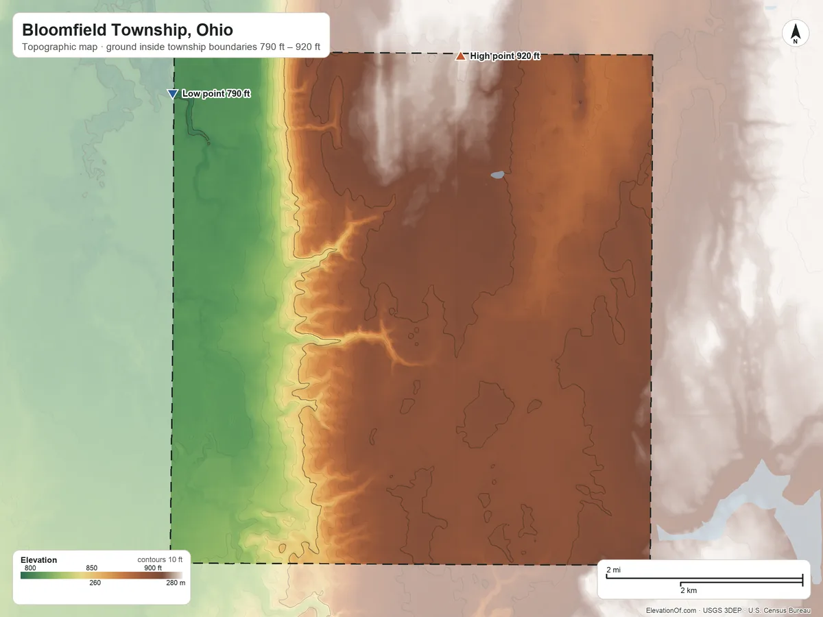 Topographic elevation map of Bloomfield Township, Ohio, shaded from 790 ft on the northwest side to 920 ft on the northeast side