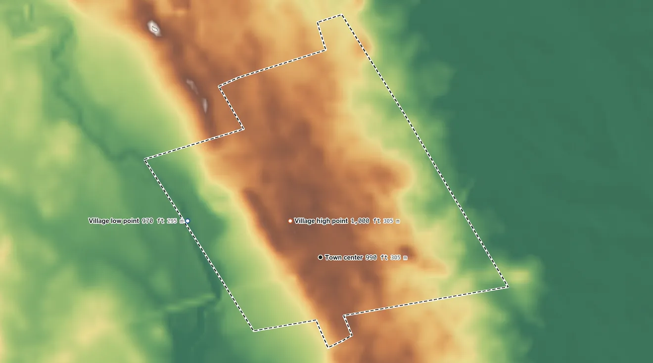 Topographic elevation map of Bloomingburg, Ohio, shaded from 970 ft on the west side to 1,000 ft near the middle