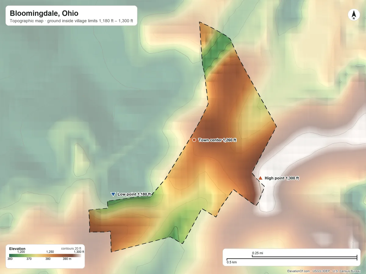 Topographic elevation map of Bloomingdale, Ohio, shaded from 1,180 ft on the southwest side to 1,300 ft on the southeast side