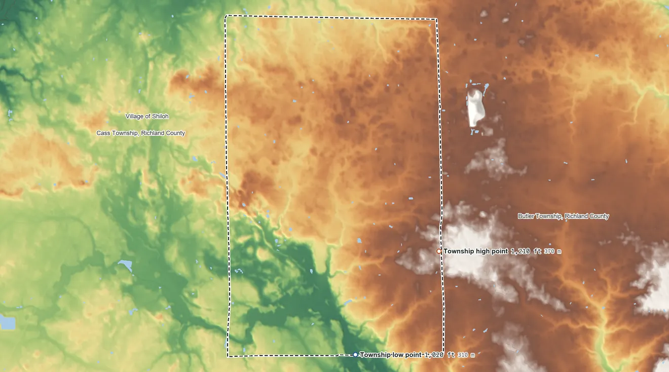 Topographic elevation map of Bloominggrove Township, Ohio, shaded from 1,020 ft on the south side to 1,210 ft on the east side