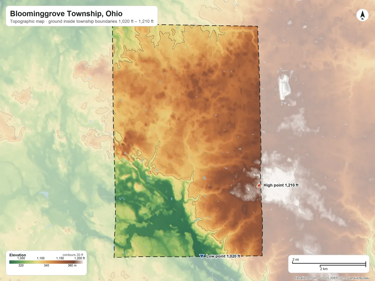 Topographic elevation map of Bloominggrove Township, Ohio, shaded from 1,020 ft on the south side to 1,210 ft on the east side