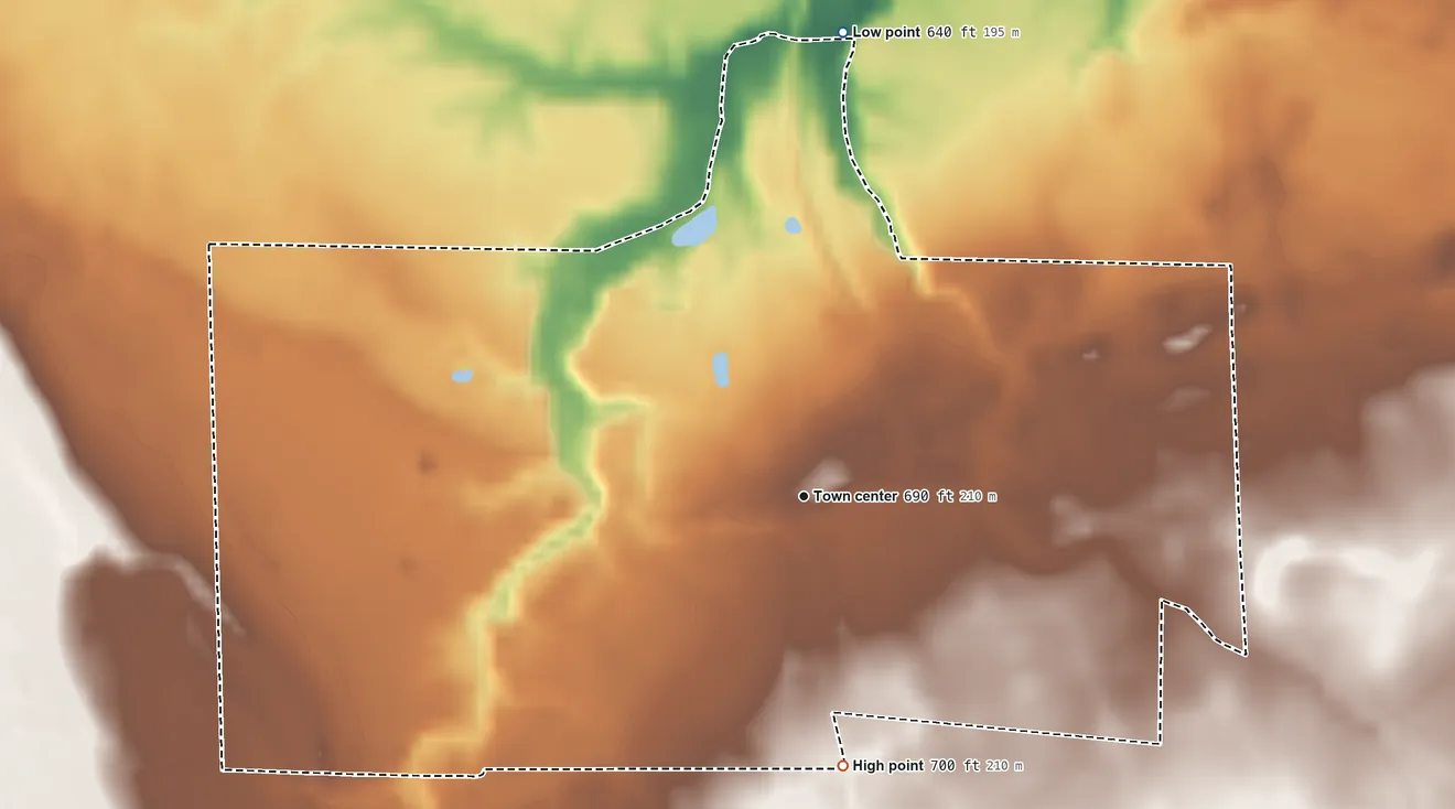 Topographic elevation map of Bloomingville, Ohio, shaded from 640 ft on the north side to 700 ft on the south side