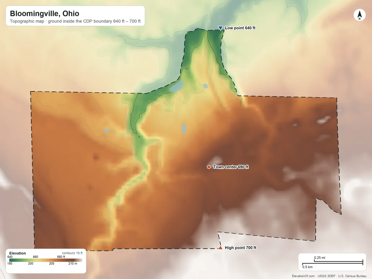 Topographic elevation map of Bloomingville, Ohio, shaded from 640 ft on the north side to 700 ft on the south side
