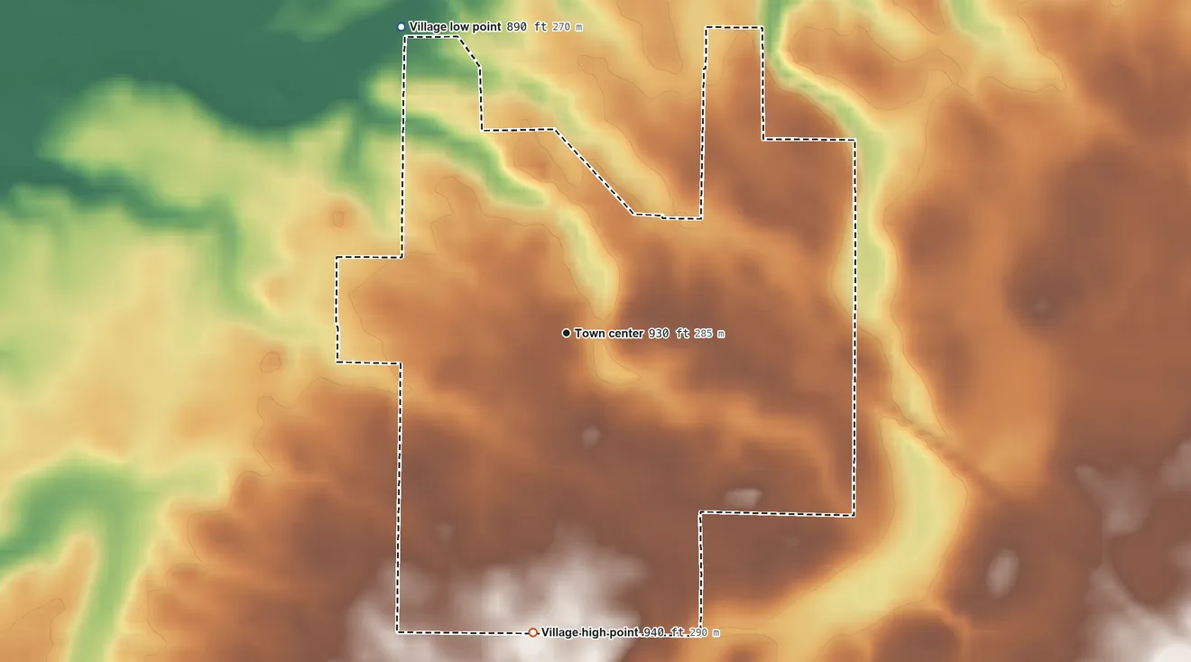 Topographic elevation map of Bloomville, Ohio, shaded from 890 ft on the northwest side to 940 ft on the south side