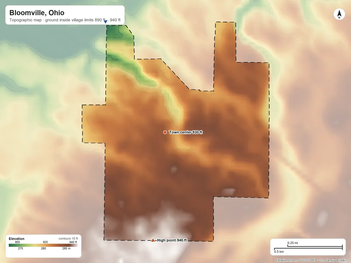 Topographic elevation map of Bloomville, Ohio, shaded from 890 ft on the northwest side to 940 ft on the south side