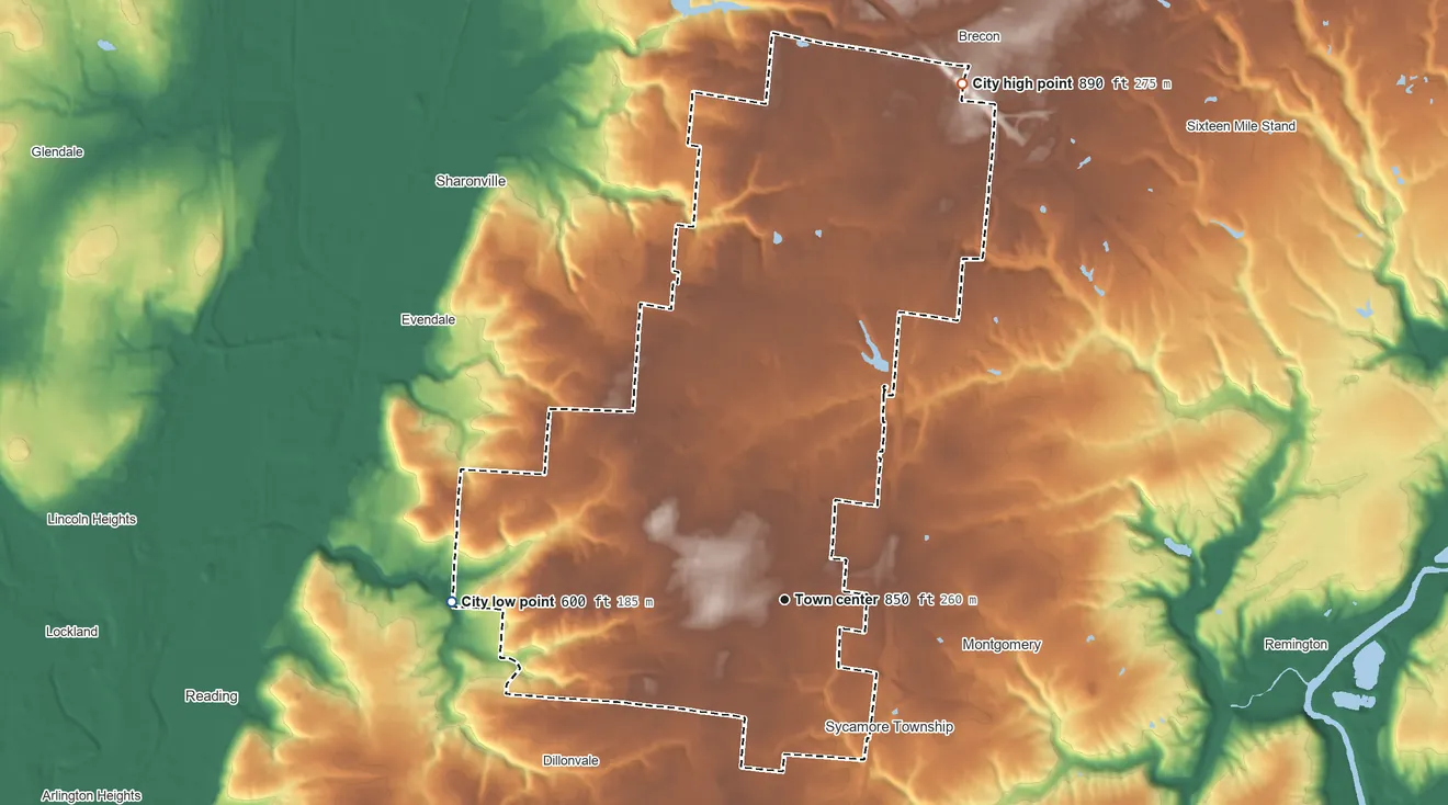 Topographic elevation map of Blue Ash, Ohio, shaded from 600 ft on the west side to 890 ft on the north side