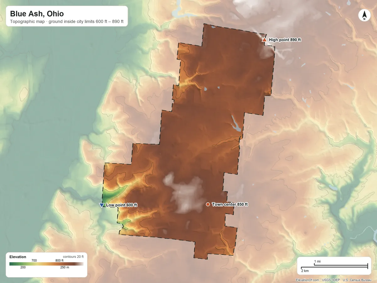 Topographic elevation map of Blue Ash, Ohio, shaded from 600 ft on the west side to 890 ft on the north side