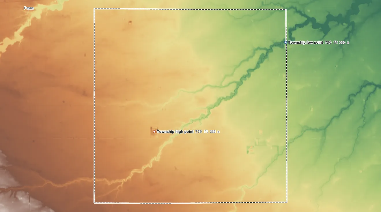 Topographic elevation map of Blue Creek Township, Ohio, shaded from 720 ft on the northeast side to 770 ft on the west side