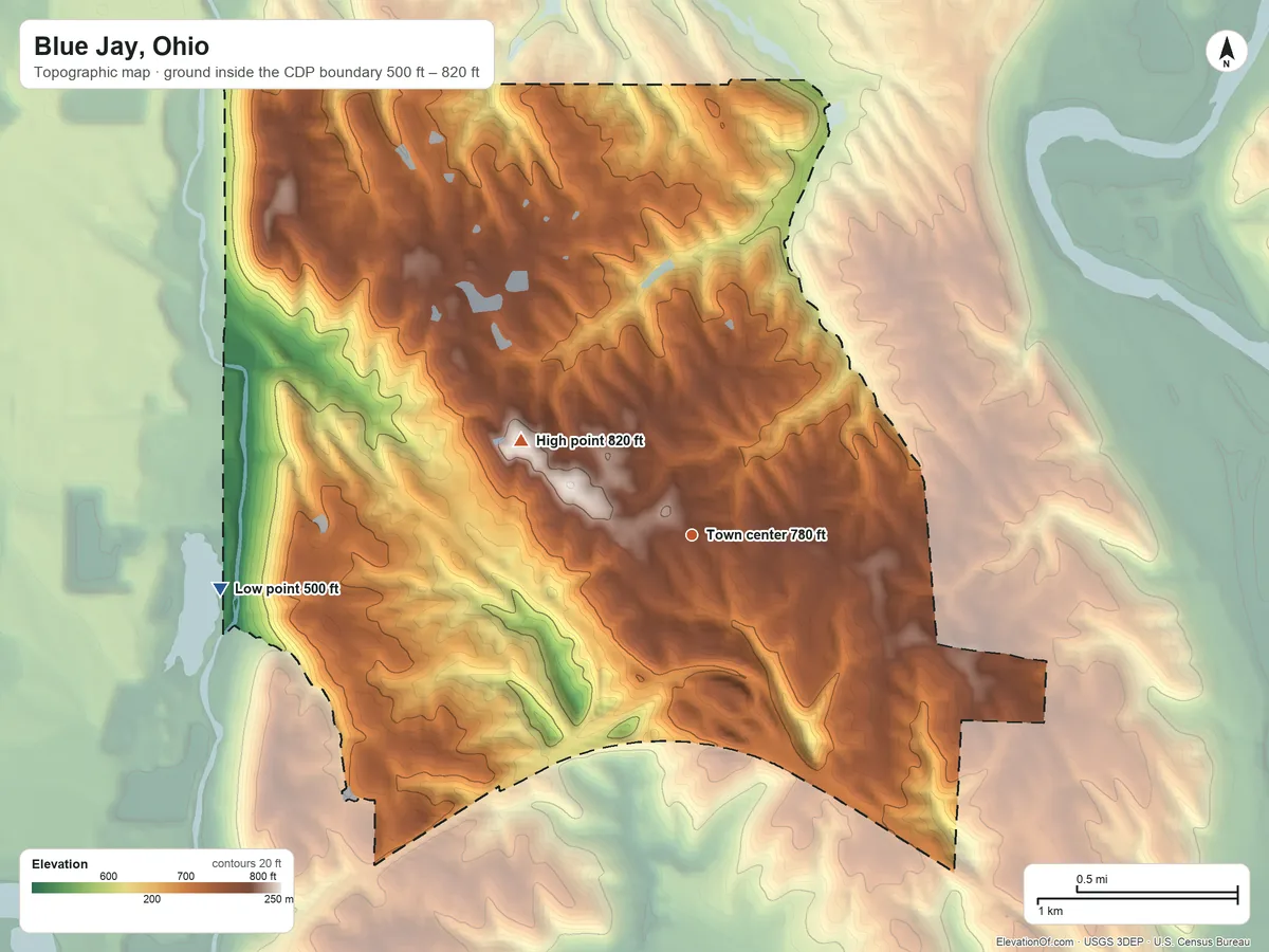 Topographic elevation map of Blue Jay, Ohio, shaded from 500 ft on the west side to 820 ft on the northwest side