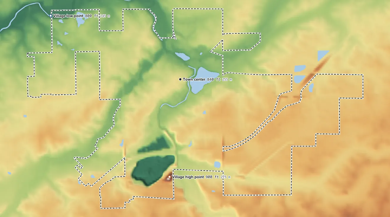 Topographic elevation map of Bluffton, Ohio, shaded from 800 ft on the northwest side to 900 ft on the south side