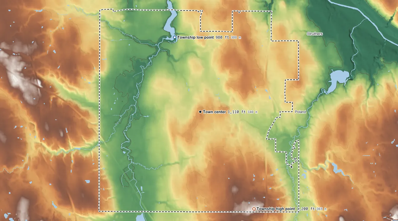 Topographic elevation map of Boardman Township, Ohio, shaded from 980 ft on the north side to 1,200 ft on the southeast side