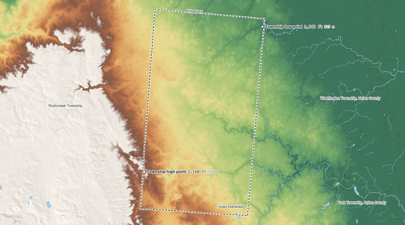 Topographic elevation map of Bokescreek Township, Ohio, shaded from 1,040 ft on the north side to 1,160 ft on the west side