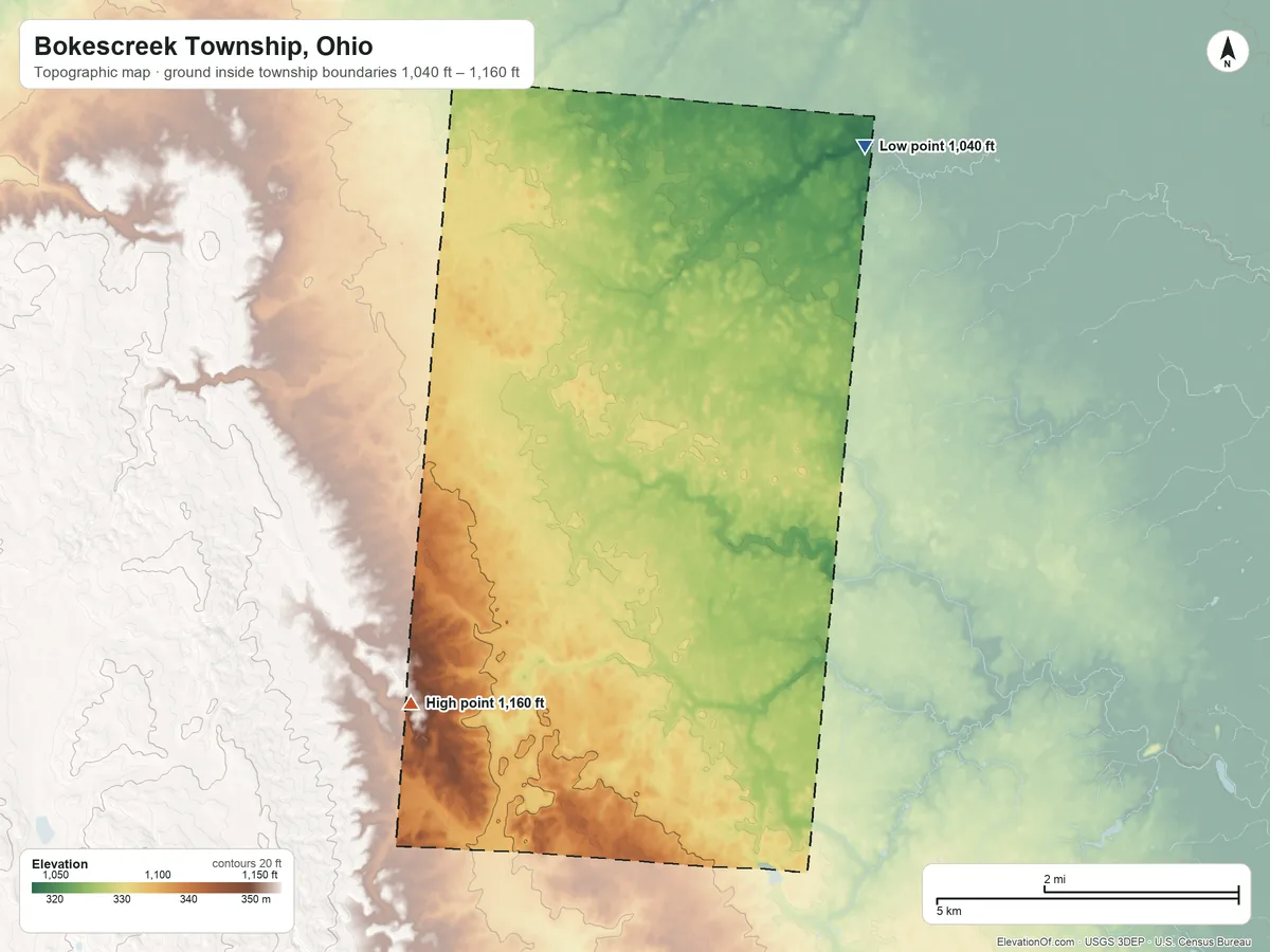 Topographic elevation map of Bokescreek Township, Ohio, shaded from 1,040 ft on the north side to 1,160 ft on the west side