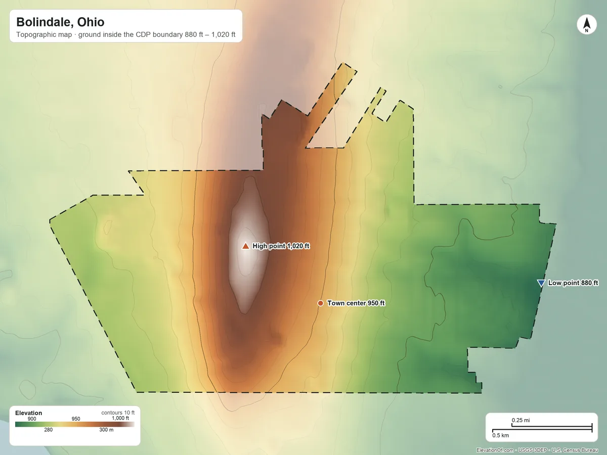 Topographic elevation map of Bolindale, Ohio, shaded from 880 ft on the east side to 1,020 ft on the northwest side