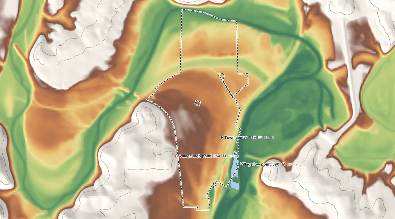 Topographic elevation map of Bolivar, Ohio, shaded from 890 ft on the southeast side to 950 ft on the west side