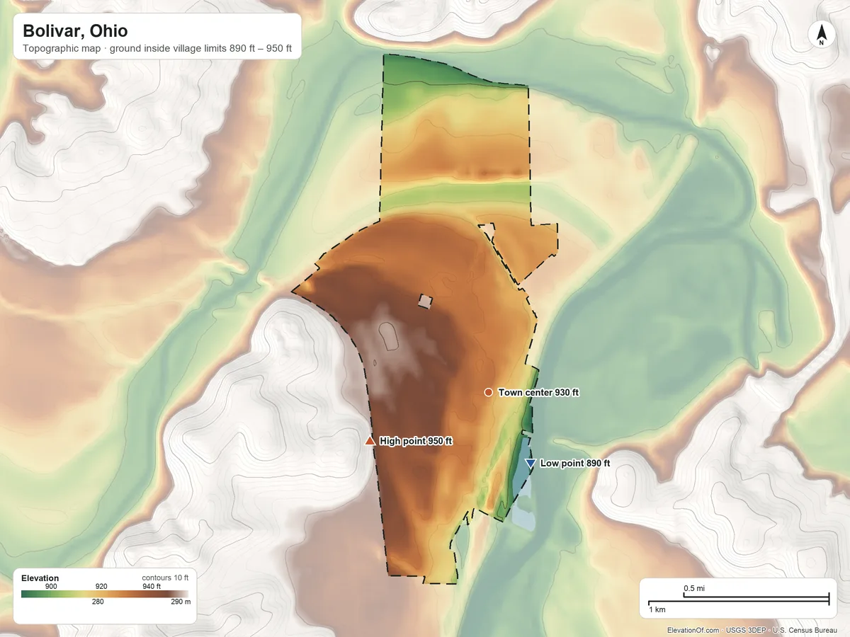 Topographic elevation map of Bolivar, Ohio, shaded from 890 ft on the southeast side to 950 ft on the west side