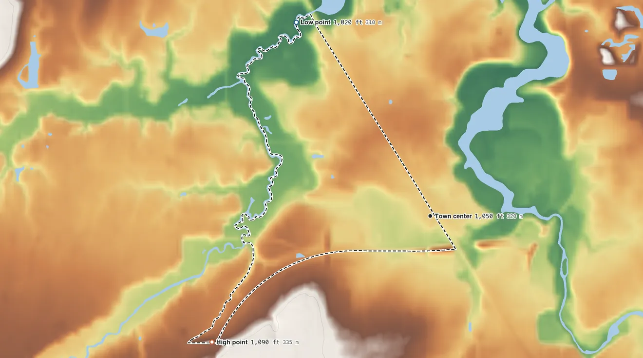 Topographic elevation map of Bolton, Ohio, shaded from 1,020 ft on the northwest side to 1,090 ft on the southwest side