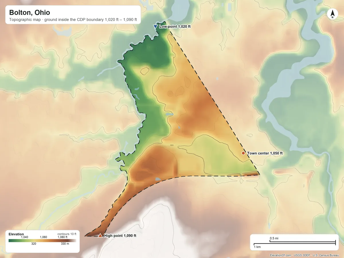 Topographic elevation map of Bolton, Ohio, shaded from 1,020 ft on the northwest side to 1,090 ft on the southwest side