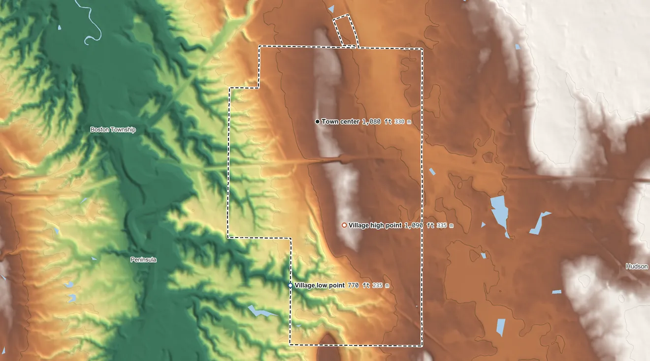 Topographic elevation map of Boston Heights, Ohio, shaded from 770 ft on the south side to 1,090 ft on the south side