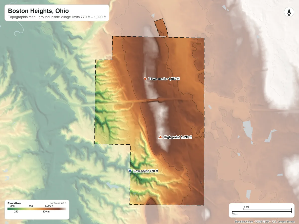 Topographic elevation map of Boston Heights, Ohio, shaded from 770 ft on the south side to 1,090 ft on the south side