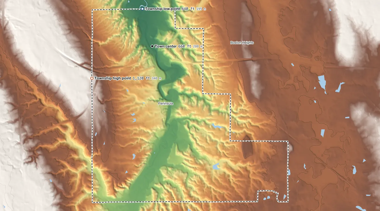 Topographic elevation map of Boston Township, Ohio, shaded from 640 ft on the north side to 1,120 ft on the southwest side