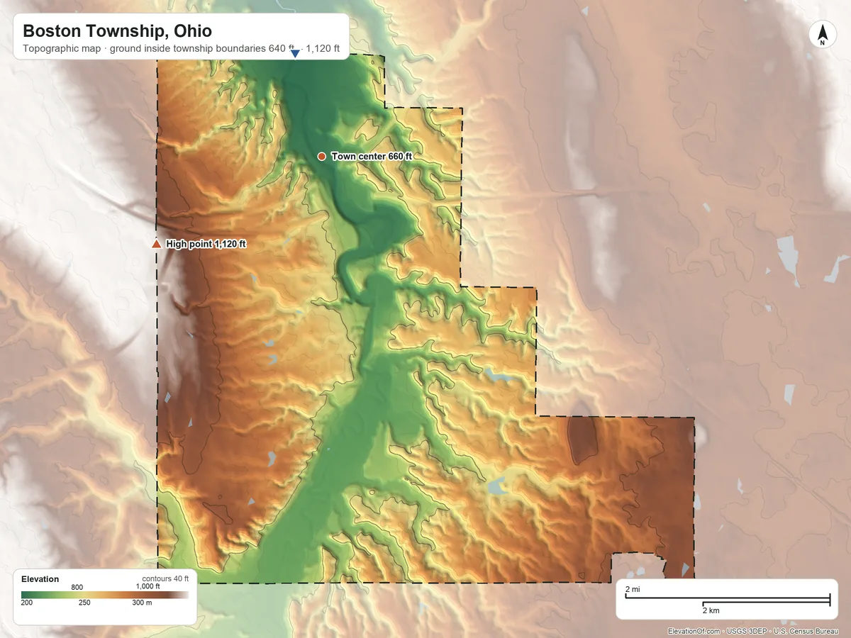 Topographic elevation map of Boston Township, Ohio, shaded from 640 ft on the north side to 1,120 ft on the southwest side