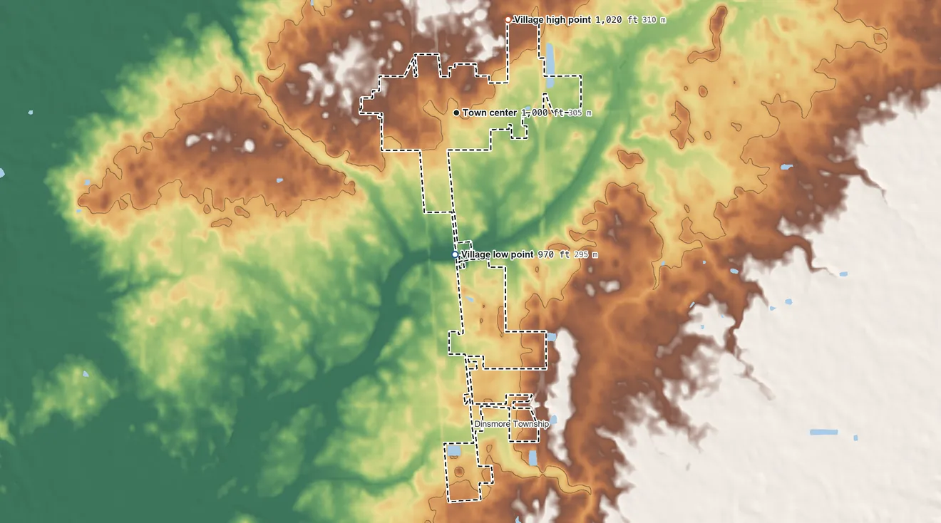 Topographic elevation map of Botkins, Ohio, shaded from 970 ft on the south side to 1,020 ft on the northeast side