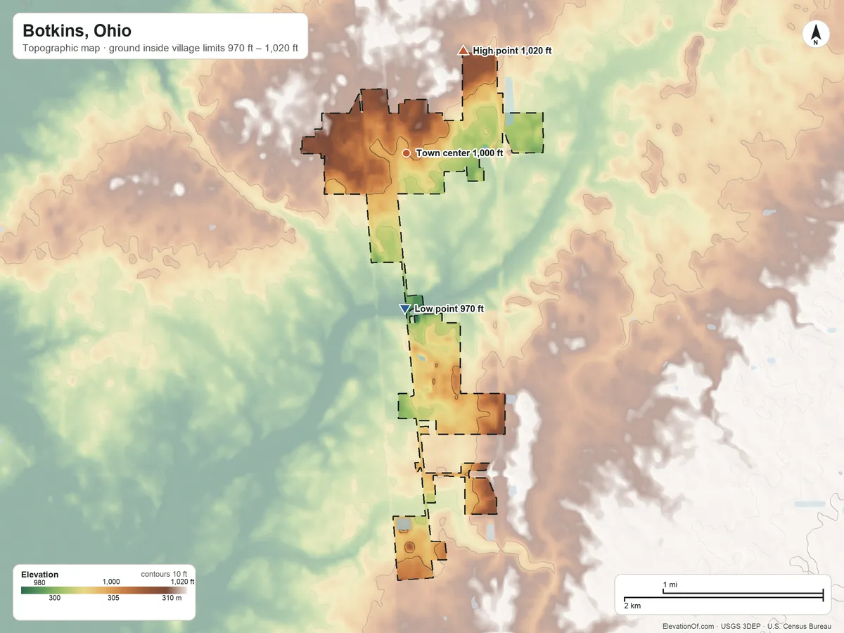 Topographic elevation map of Botkins, Ohio, shaded from 970 ft on the south side to 1,020 ft on the northeast side