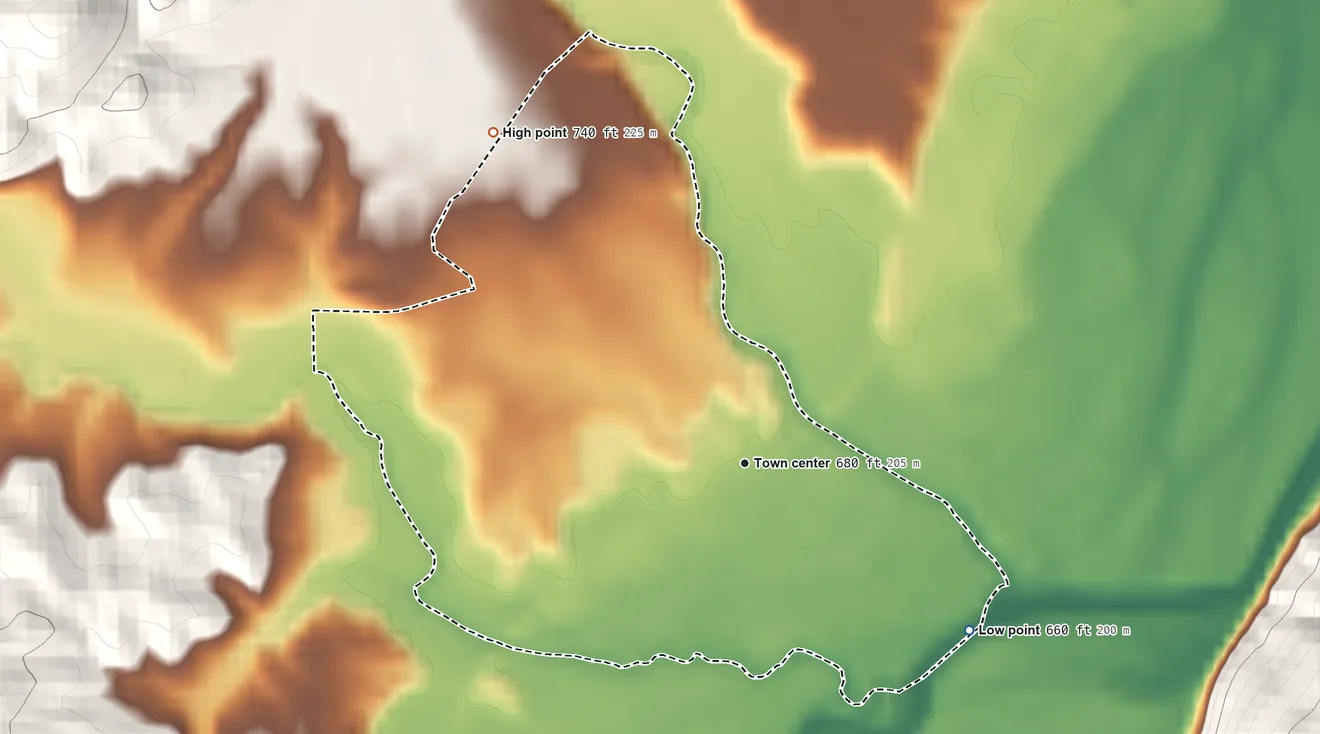 Topographic elevation map of Bourneville, Ohio, shaded from 660 ft on the southeast side to 740 ft on the northwest edge, below higher ground just outside