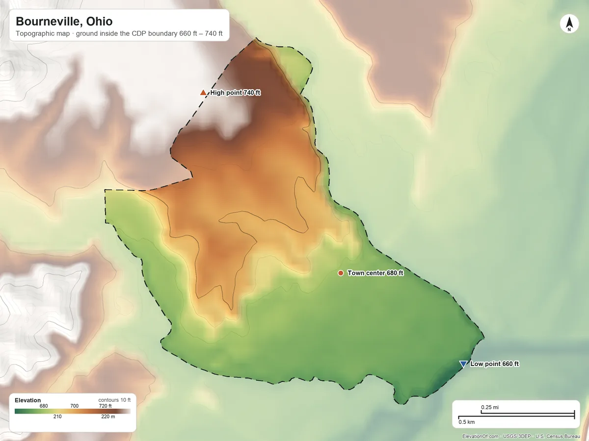 Topographic elevation map of Bourneville, Ohio, shaded from 660 ft on the southeast side to 740 ft on the northwest edge, below higher ground just outside