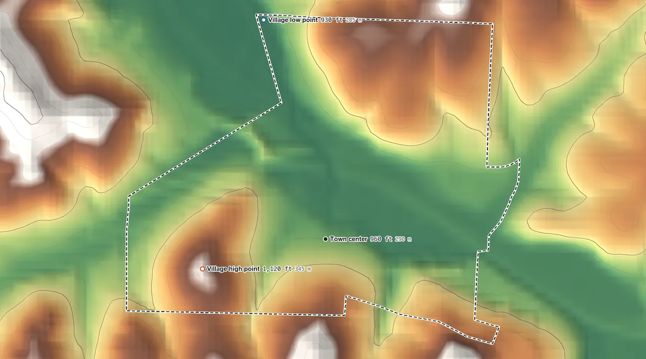 Topographic elevation map of Bowerston, Ohio, shaded from 930 ft on the north side to 1,120 ft on the west side
