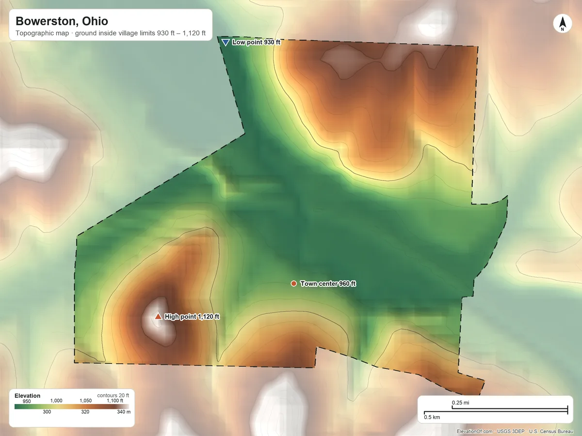 Topographic elevation map of Bowerston, Ohio, shaded from 930 ft on the north side to 1,120 ft on the west side