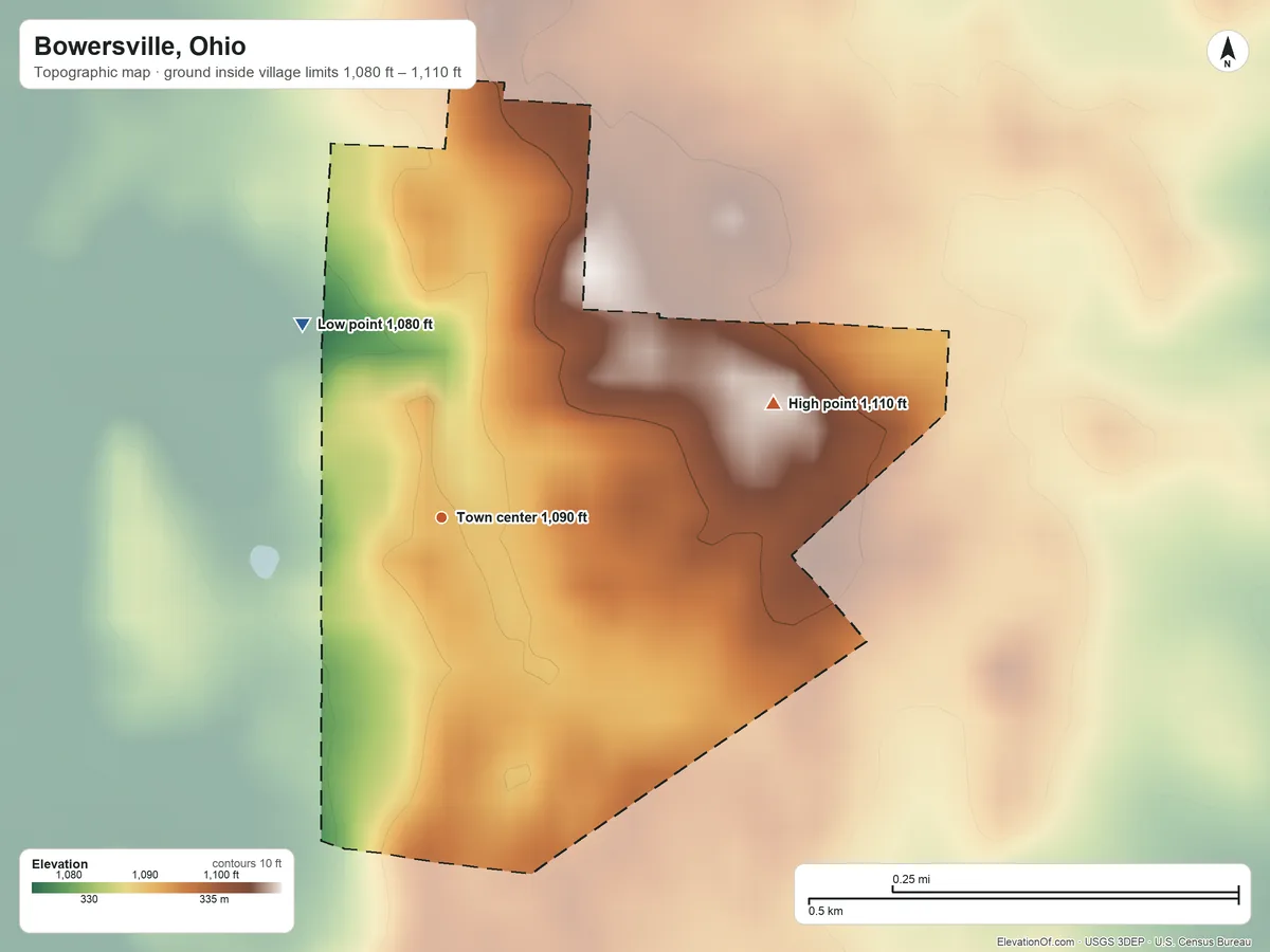 Topographic elevation map of Bowersville, Ohio, shaded from 1,080 ft on the northwest side to 1,110 ft on the east side