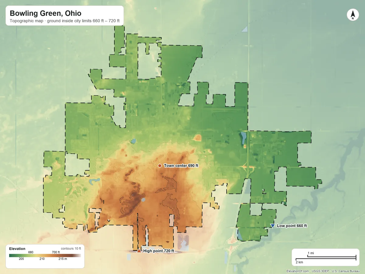 Topographic elevation map of Bowling Green, Ohio, shaded from 660 ft on the southeast side to 720 ft on the south side