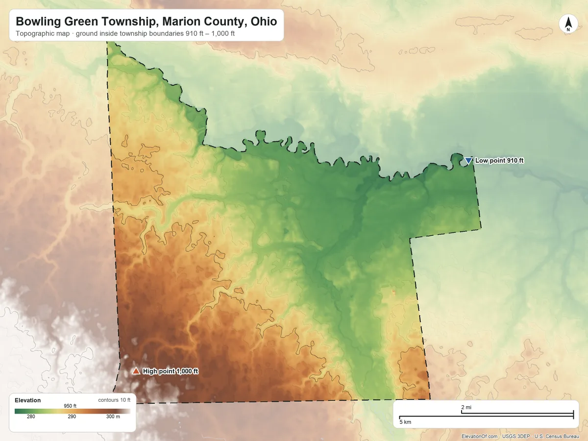 Topographic elevation map of Bowling Green Township, Marion County, Ohio, shaded from 910 ft on the east side to 1,000 ft on the southwest side