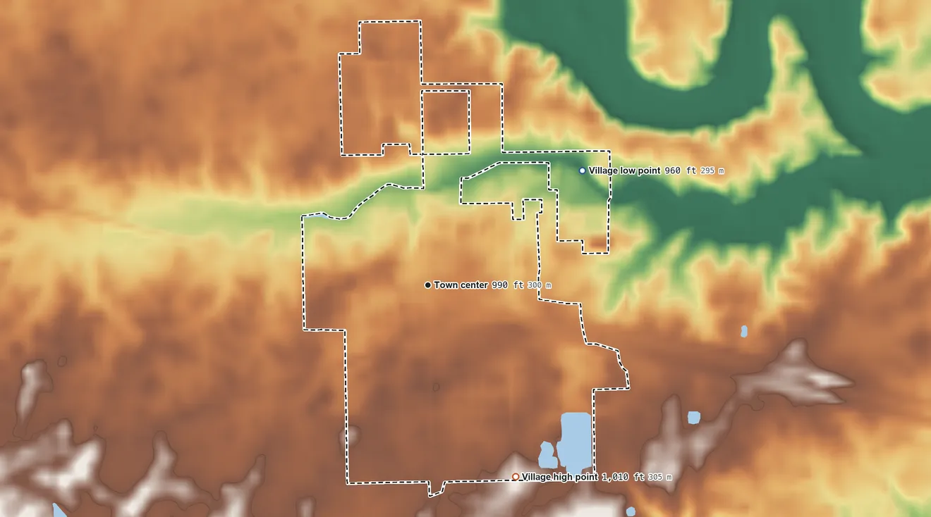 Topographic elevation map of Bradford, Ohio, shaded from 960 ft on the northeast side to 1,010 ft on the southeast side