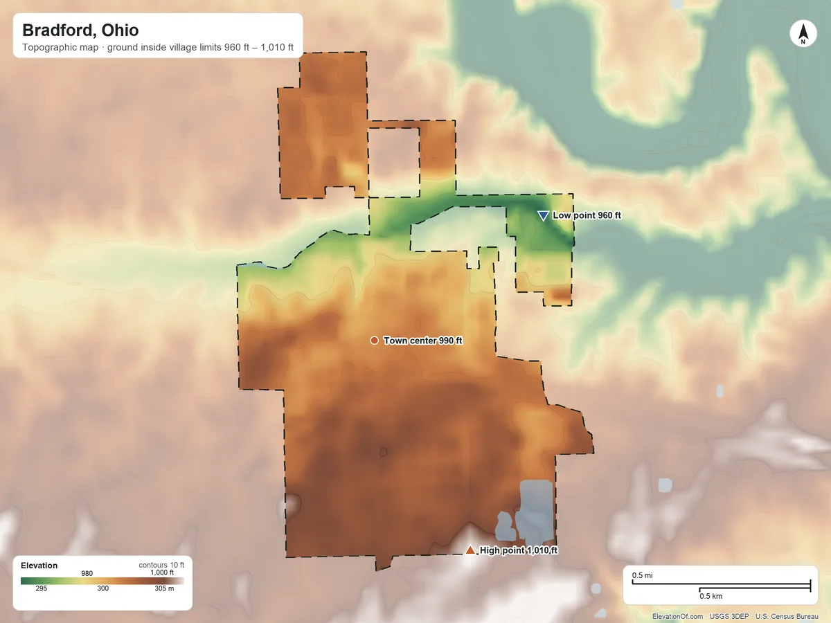 Topographic elevation map of Bradford, Ohio, shaded from 960 ft on the northeast side to 1,010 ft on the southeast side