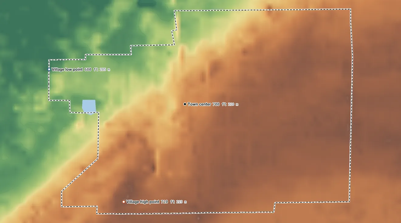 Topographic elevation map of Bradner, Ohio, shaded from 680 ft on the west side to 710 ft on the southwest side