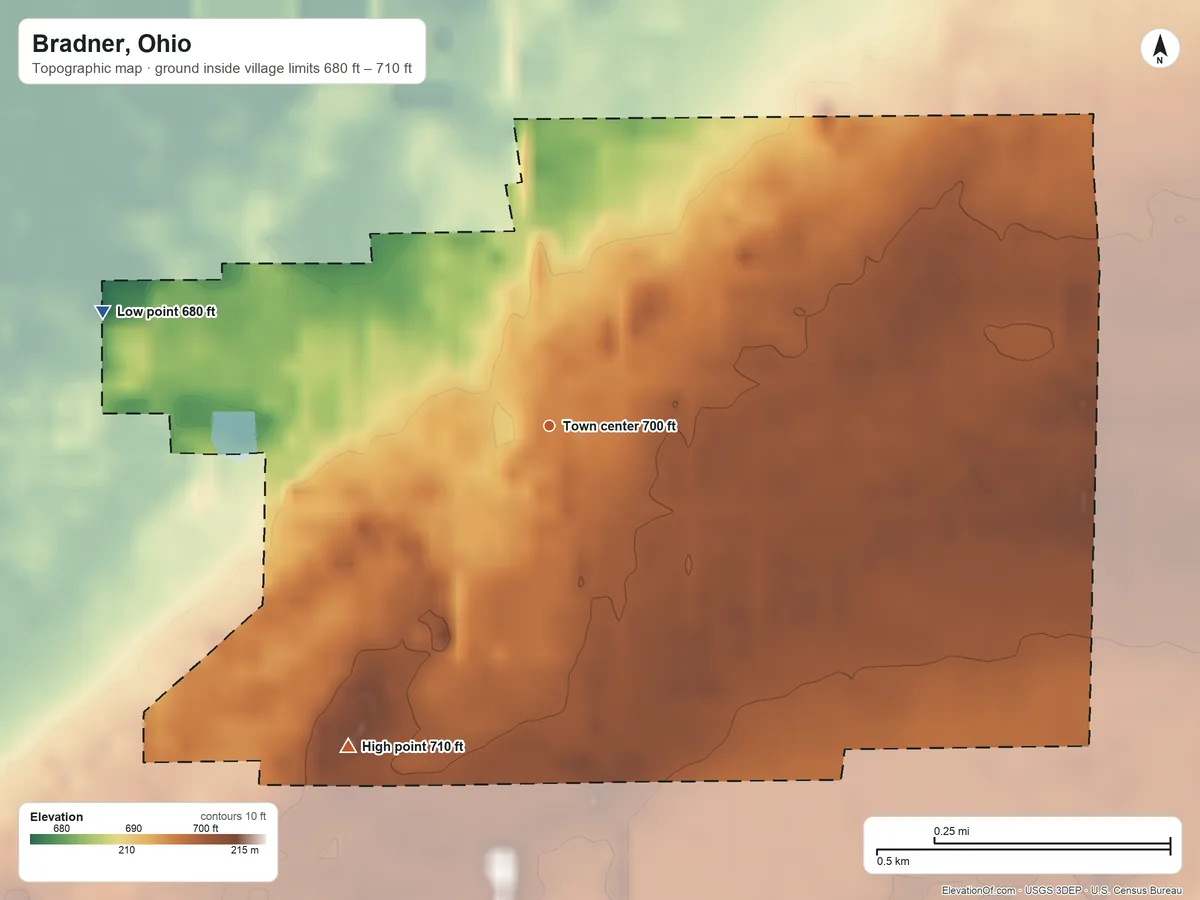 Topographic elevation map of Bradner, Ohio, shaded from 680 ft on the west side to 710 ft on the southwest side