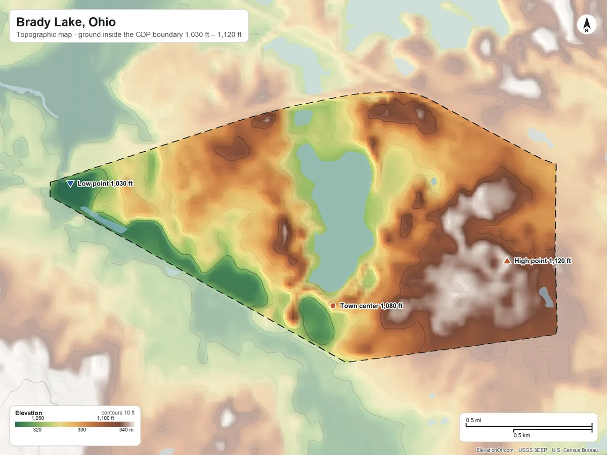 Topographic elevation map of Brady Lake, Ohio, shaded from 1,030 ft on the northwest side to 1,120 ft on the east side