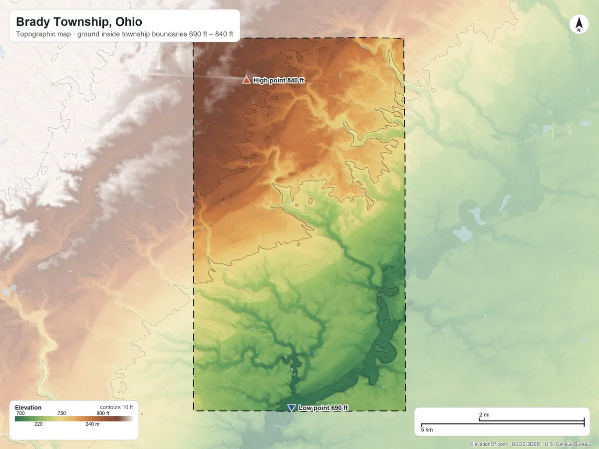 Topographic elevation map of Brady Township, Ohio, shaded from 690 ft on the south side to 840 ft on the northwest side