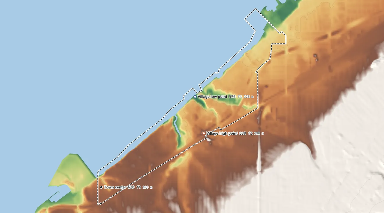 Topographic elevation map of Bratenahl, Ohio, shaded from 570 ft on the northeast side to 630 ft on the northeast side