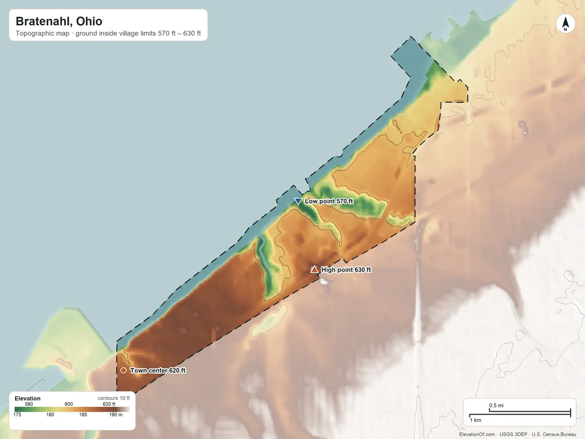 Topographic elevation map of Bratenahl, Ohio, shaded from 570 ft on the northeast side to 630 ft on the northeast side