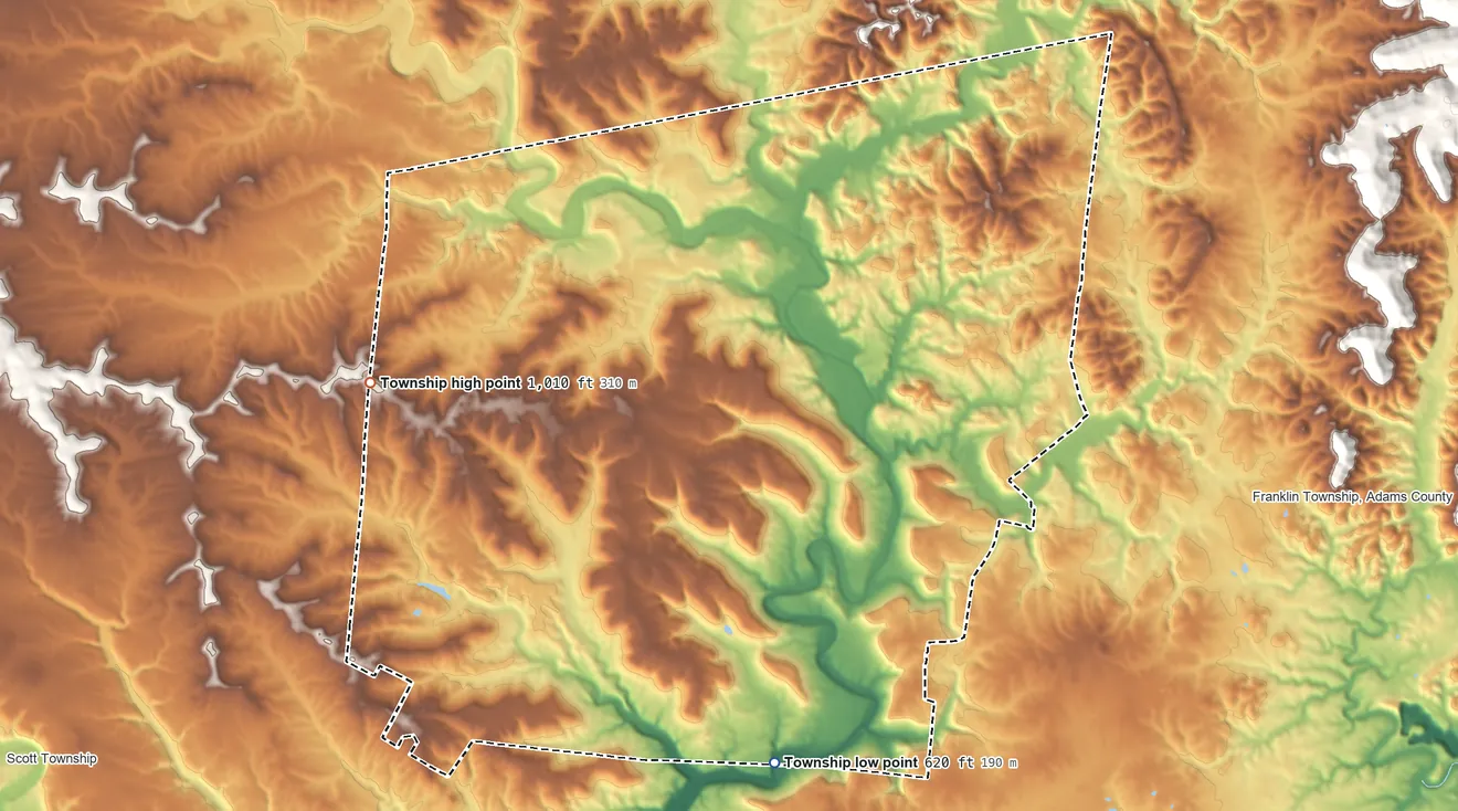 Topographic elevation map of Bratton Township, Ohio, shaded from 620 ft on the south side to 1,010 ft on the west side
