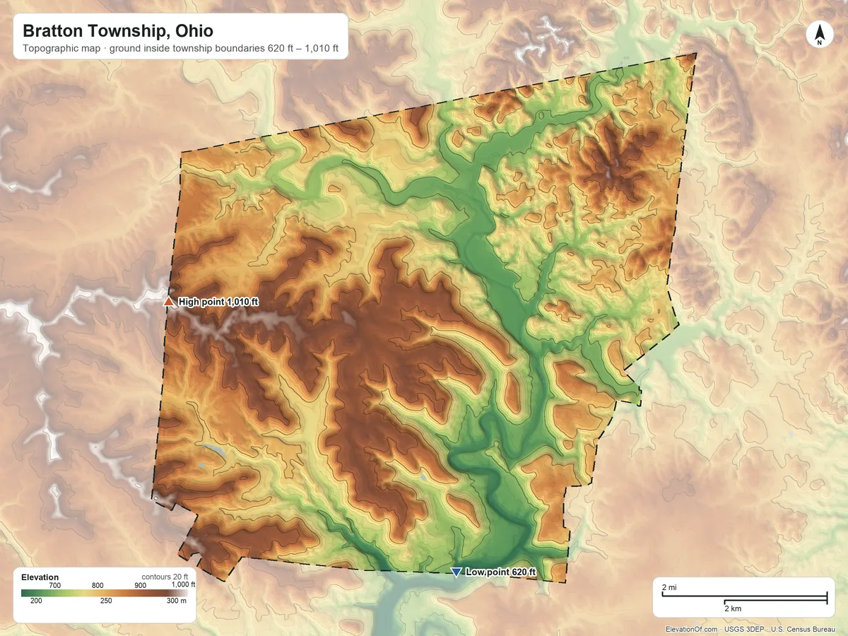 Topographic elevation map of Bratton Township, Ohio, shaded from 620 ft on the south side to 1,010 ft on the west side