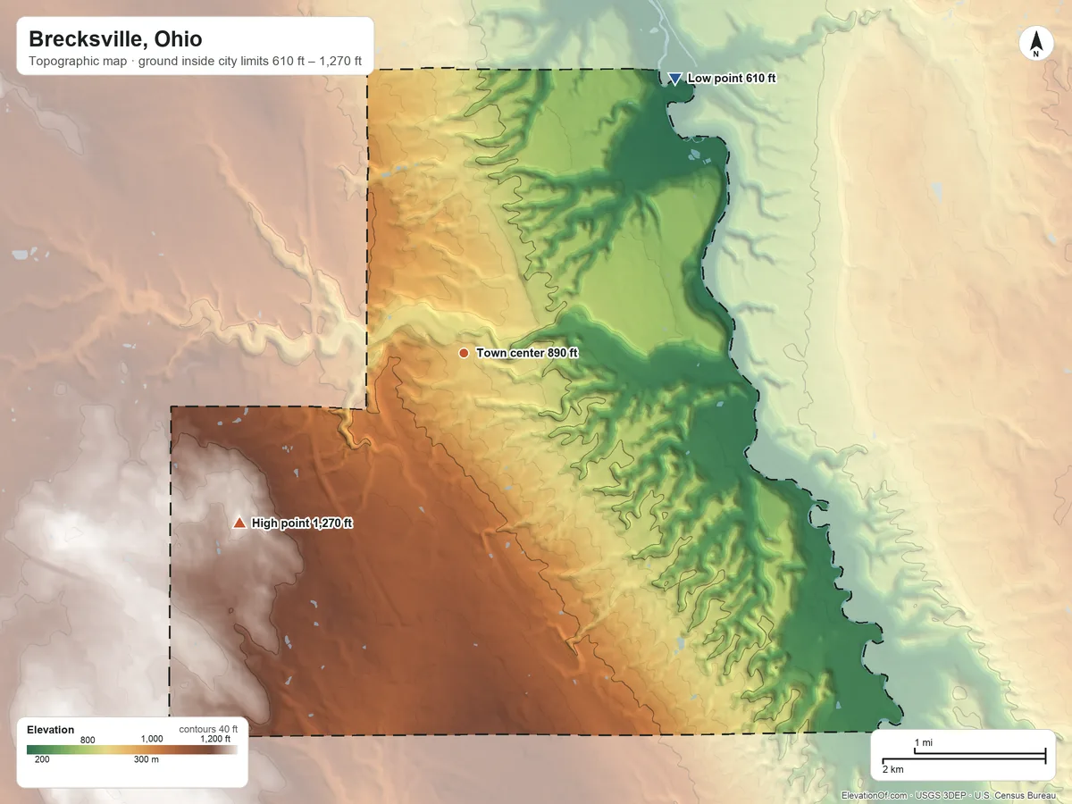Topographic elevation map of Brecksville, Ohio, shaded from 610 ft on the northeast side to 1,270 ft on the southwest side