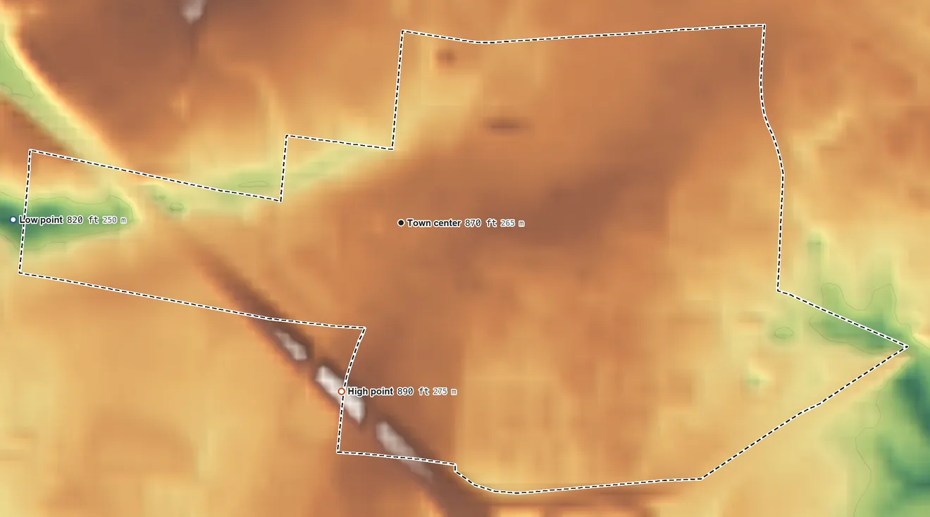 Topographic elevation map of Brecon, Ohio, shaded from 820 ft on the west side to 890 ft on the south side