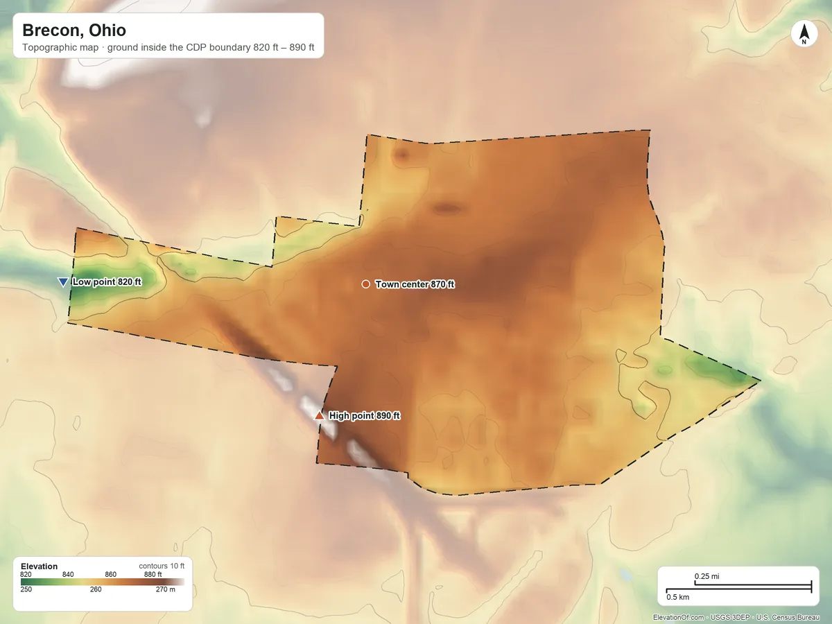 Topographic elevation map of Brecon, Ohio, shaded from 820 ft on the west side to 890 ft on the south side