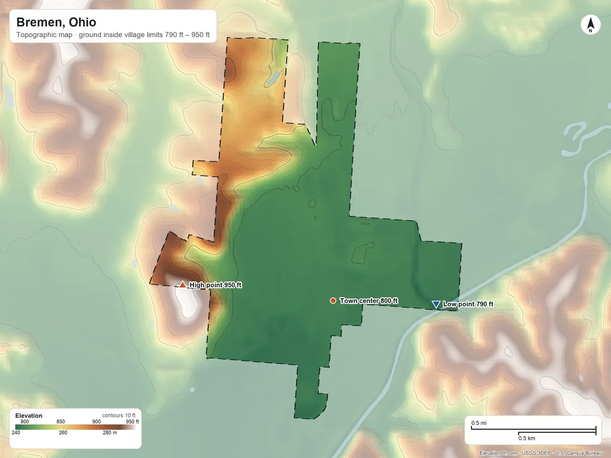 Topographic elevation map of Bremen, Ohio, shaded from 790 ft on the east side to 950 ft on the west side